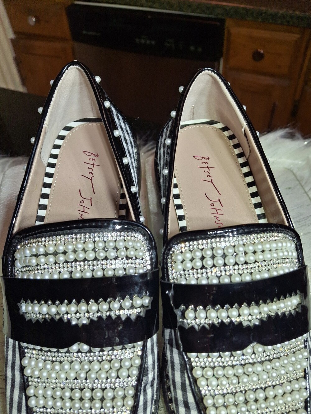 Betsey Johnson Darian Gingham Embellished Loafers Black & White Women Size 7 - Picture 15 of 16